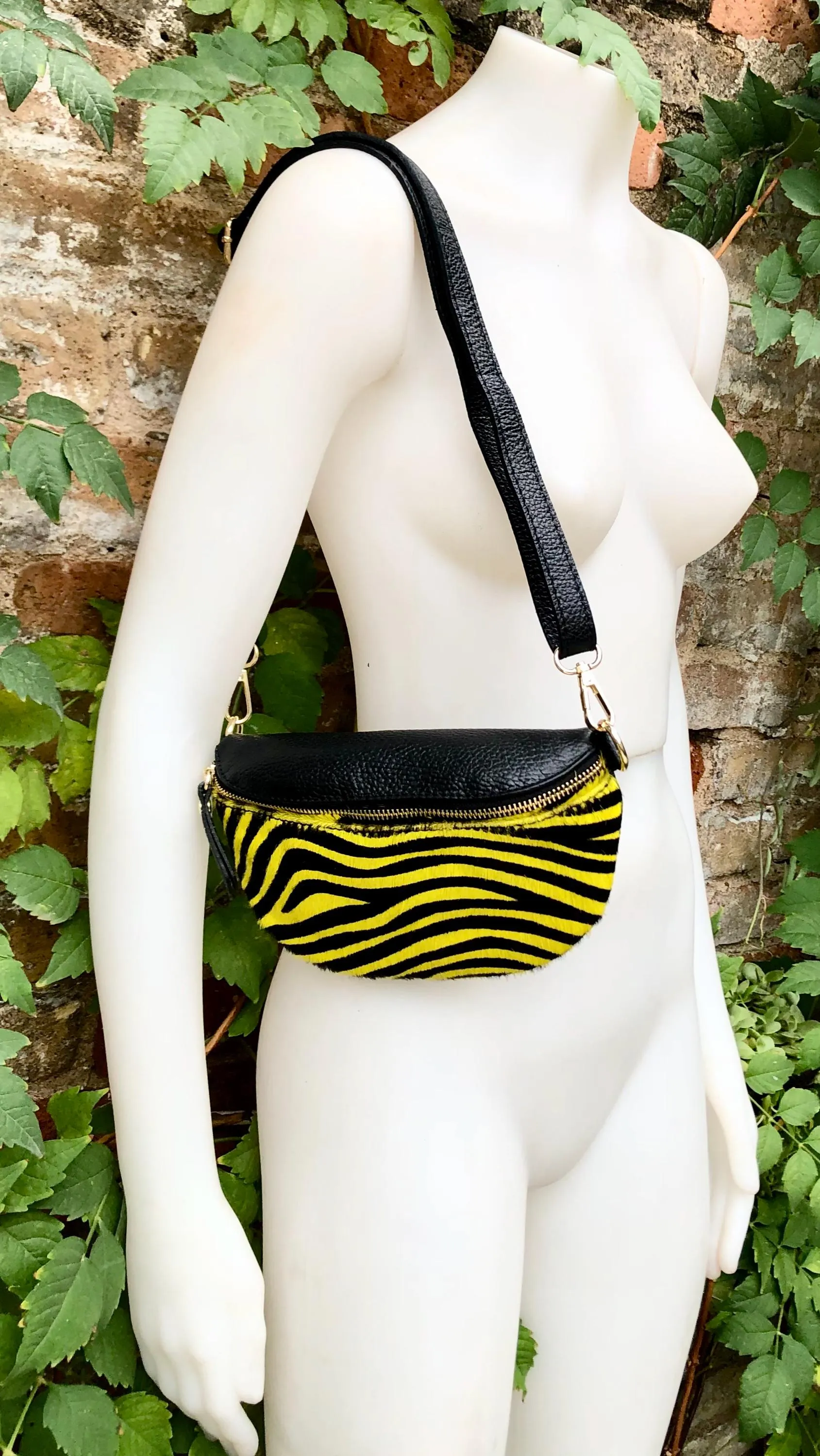 Yellow   black zebra print FANNY pac .Small leather crossbody/ hip bag, bum pack bag in GENUINE  leather. Yellow purse with adjustable strap