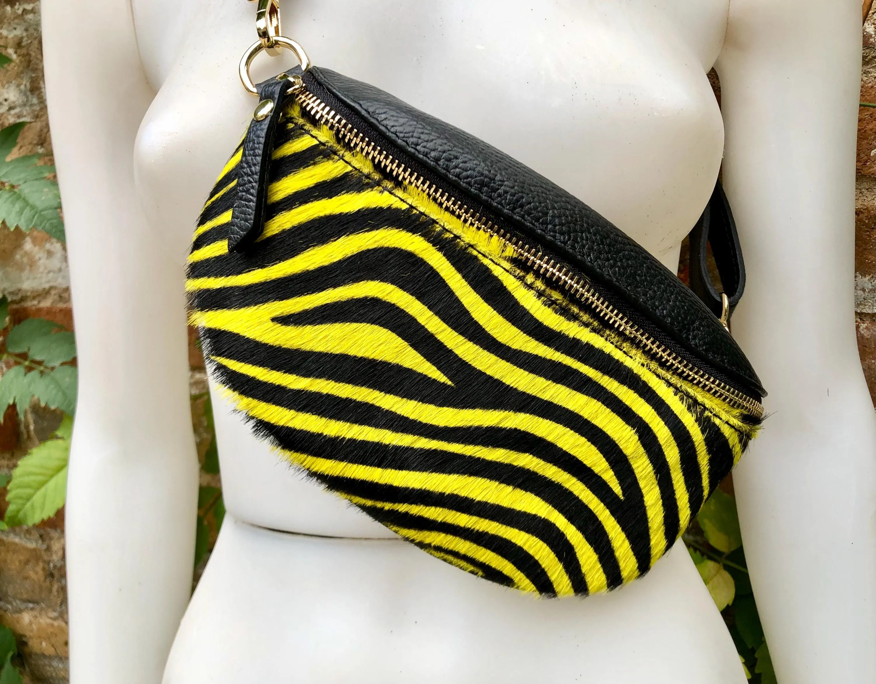 Yellow   black zebra print FANNY pac .Small leather crossbody/ hip bag, bum pack bag in GENUINE  leather. Yellow purse with adjustable strap