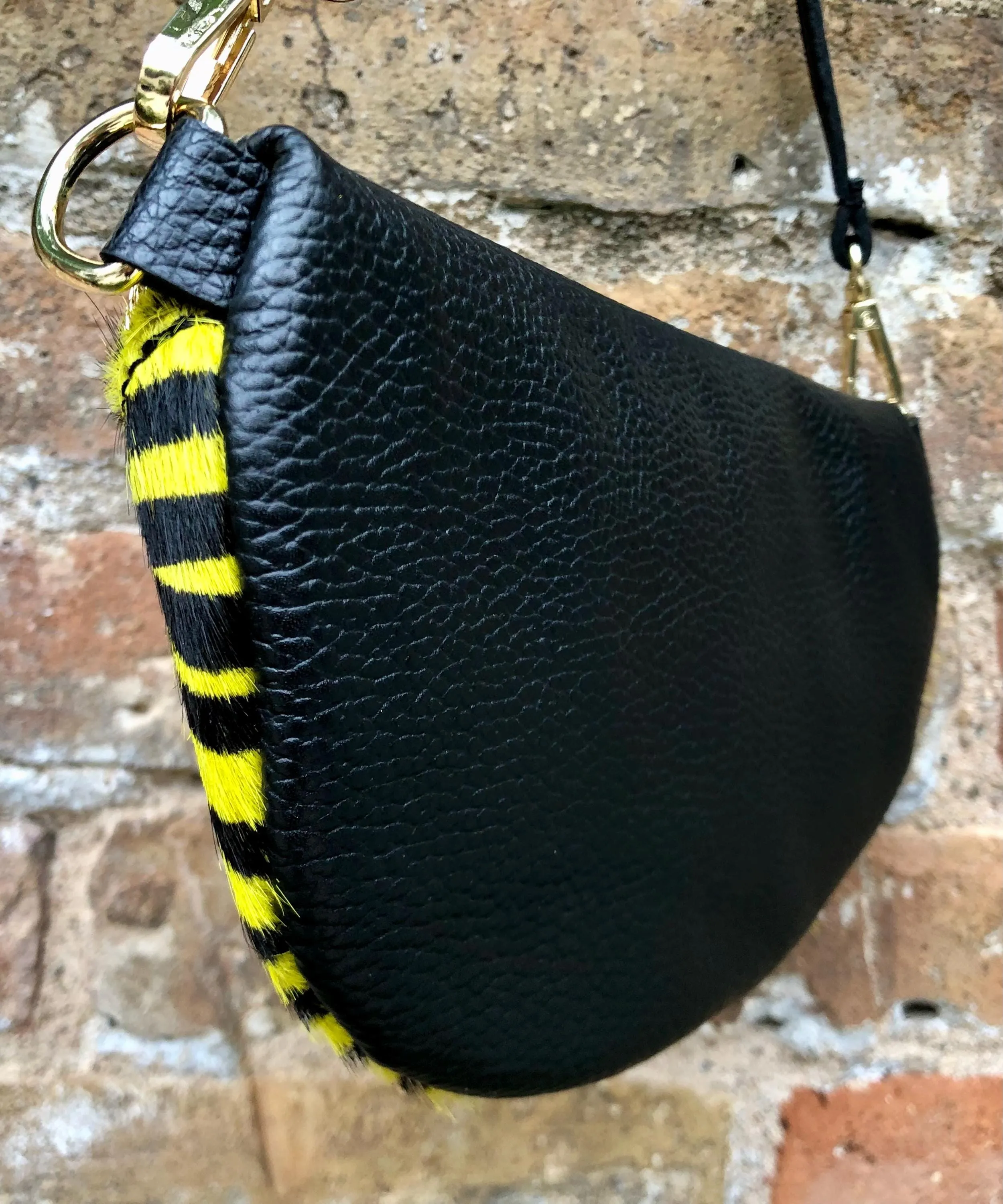 Yellow   black zebra print FANNY pac .Small leather crossbody/ hip bag, bum pack bag in GENUINE  leather. Yellow purse with adjustable strap
