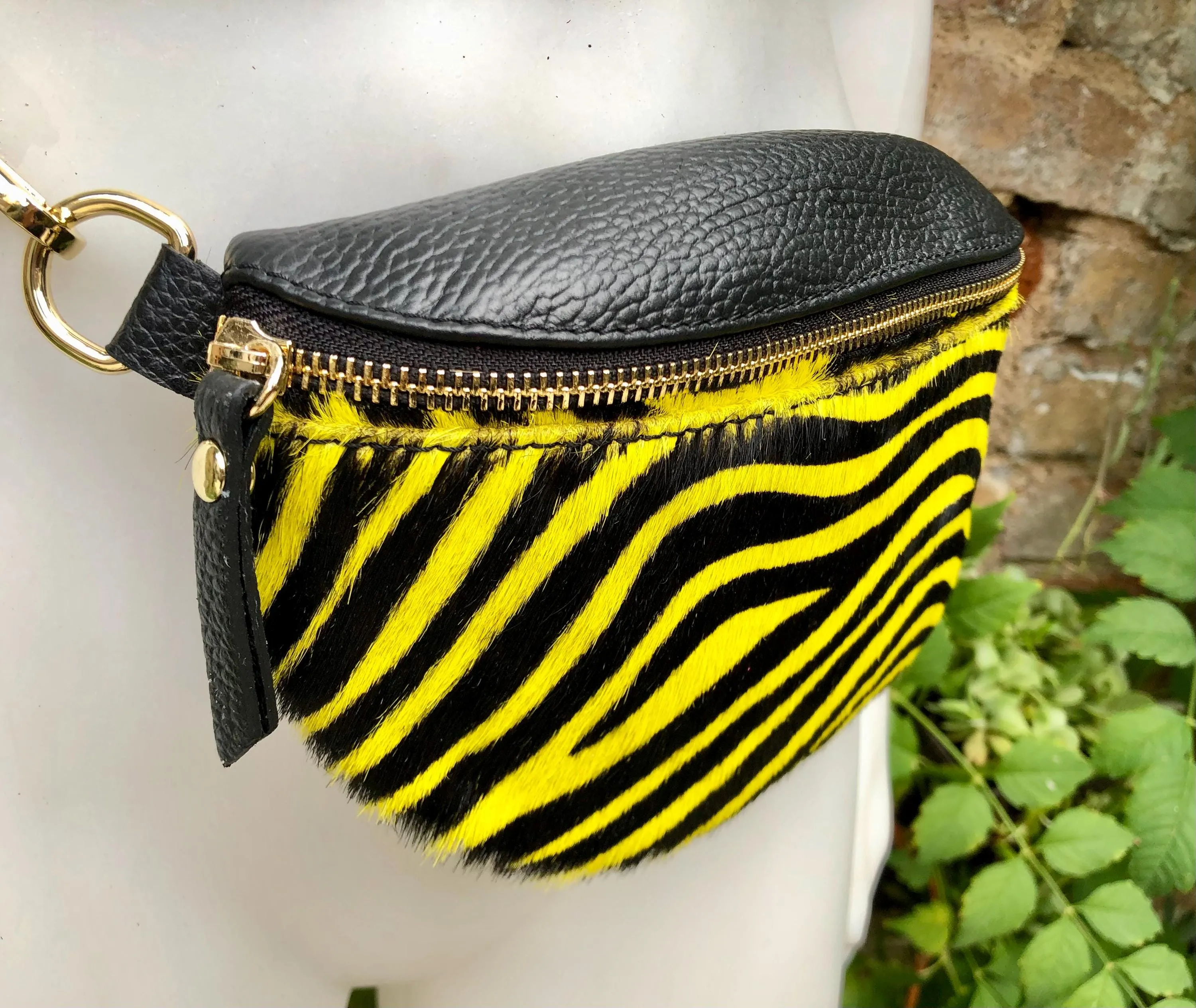 Yellow   black zebra print FANNY pac .Small leather crossbody/ hip bag, bum pack bag in GENUINE  leather. Yellow purse with adjustable strap