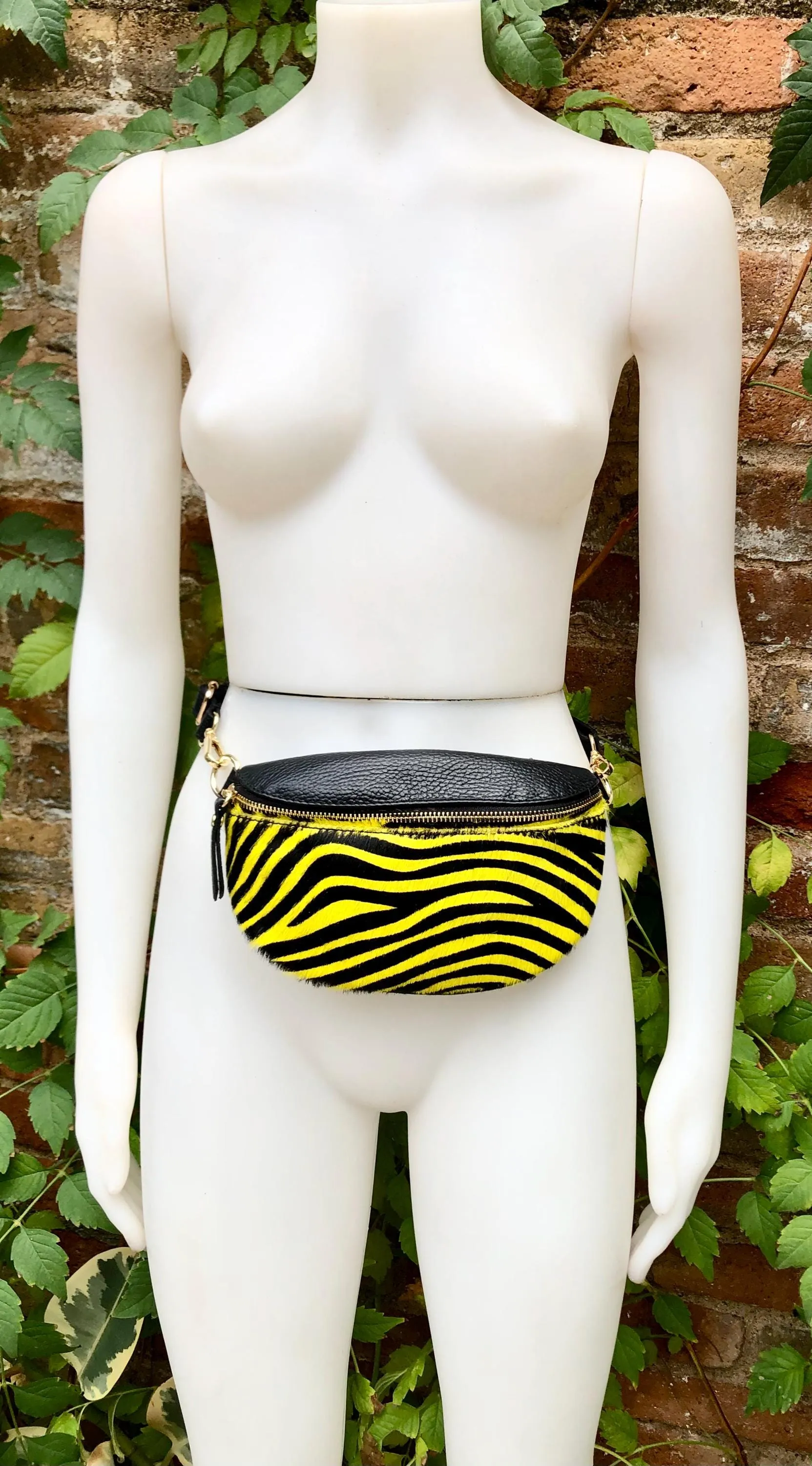 Yellow   black zebra print FANNY pac .Small leather crossbody/ hip bag, bum pack bag in GENUINE  leather. Yellow purse with adjustable strap