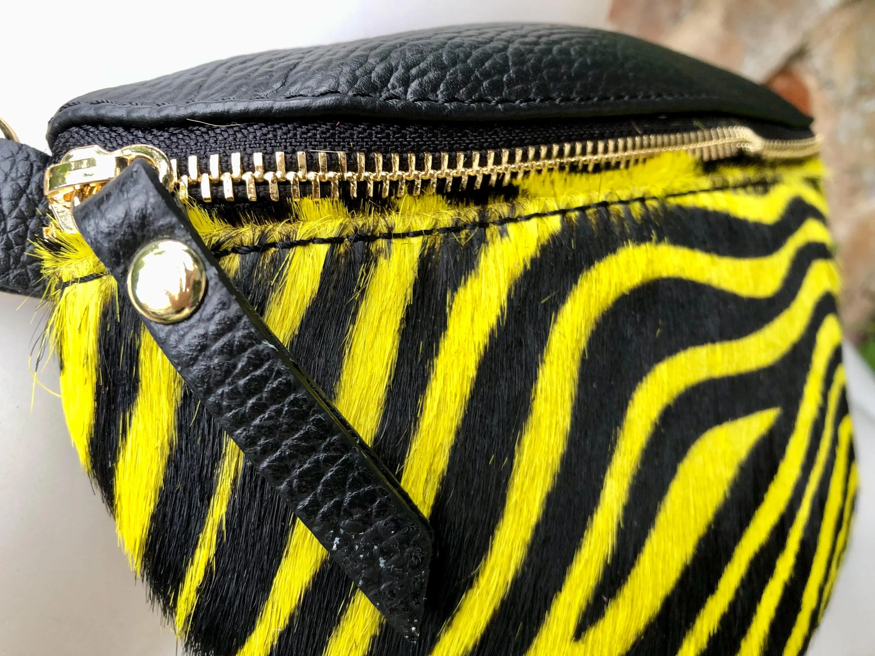 Yellow   black zebra print FANNY pac .Small leather crossbody/ hip bag, bum pack bag in GENUINE  leather. Yellow purse with adjustable strap