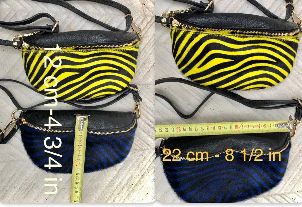 Yellow   black zebra print FANNY pac .Small leather crossbody/ hip bag, bum pack bag in GENUINE  leather. Yellow purse with adjustable strap